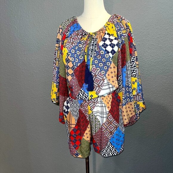 KYE MI Patchwork Print Peasant Off-Shoulder Shorts Romper - Boho Style - EUC - S - Picture 1 of 13